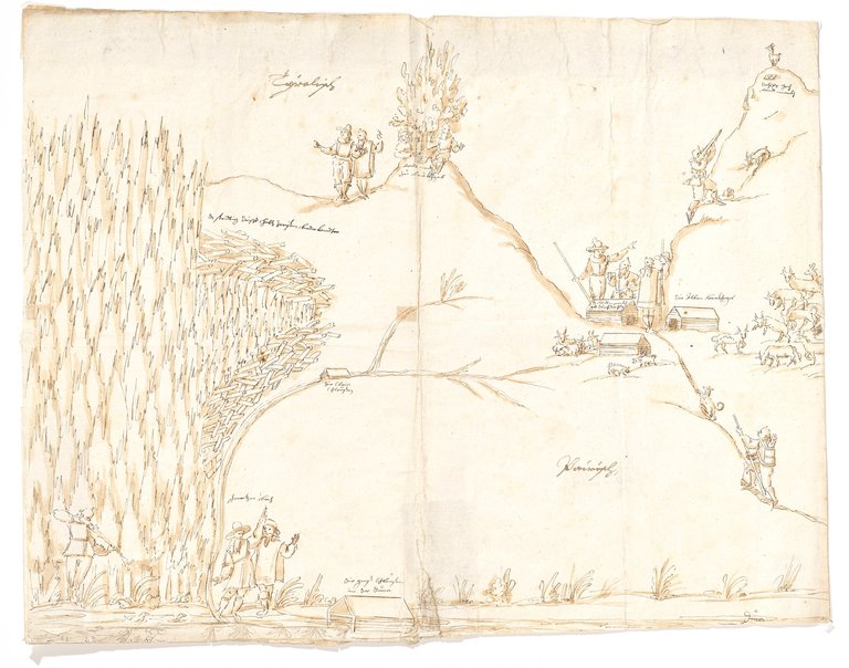 Vermessungskarte an der Durrach  im Achenseegebiet von Paul Röpfl ,  um 1610. Darstellung der Neufestlegung  des tirolisch-bayerischen  Grenzverlaufs aufgrund  von „stridtig drifft holtz zwischen  beder lendter“.