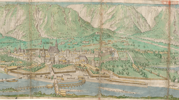 Ansicht der Stadt Hall aus dem Schwazer Bergbuch von 1556, im Vordergrund der Holzrechen und zahlreiche Holzstapel