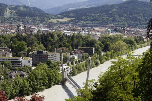 Innsbruck view from Villa Blanka, river Inn, city and mountains