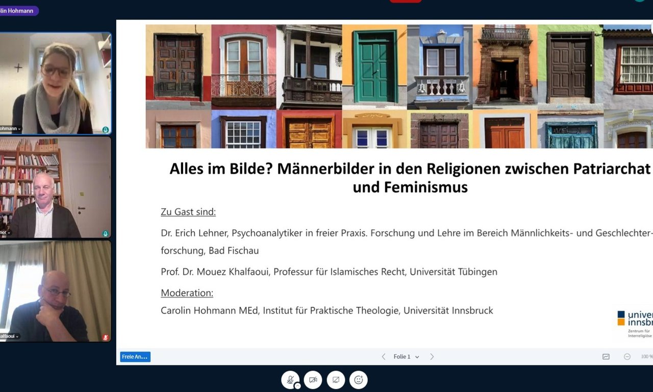 Auszug aus dem Online-Gespräch zu sehen ist das Plakat sowie die Gesichter von Moderatorin und Referent:innen