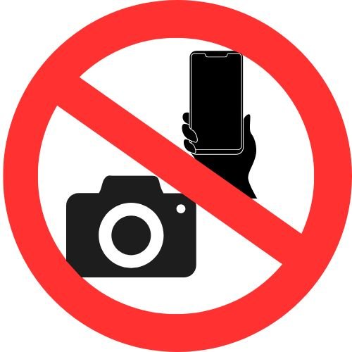 Ein kreisförmiges Verbotsschild auf dem eine Kamera und ein Handy abgebildet sind. Der Kreis ist rot durchgestrichen