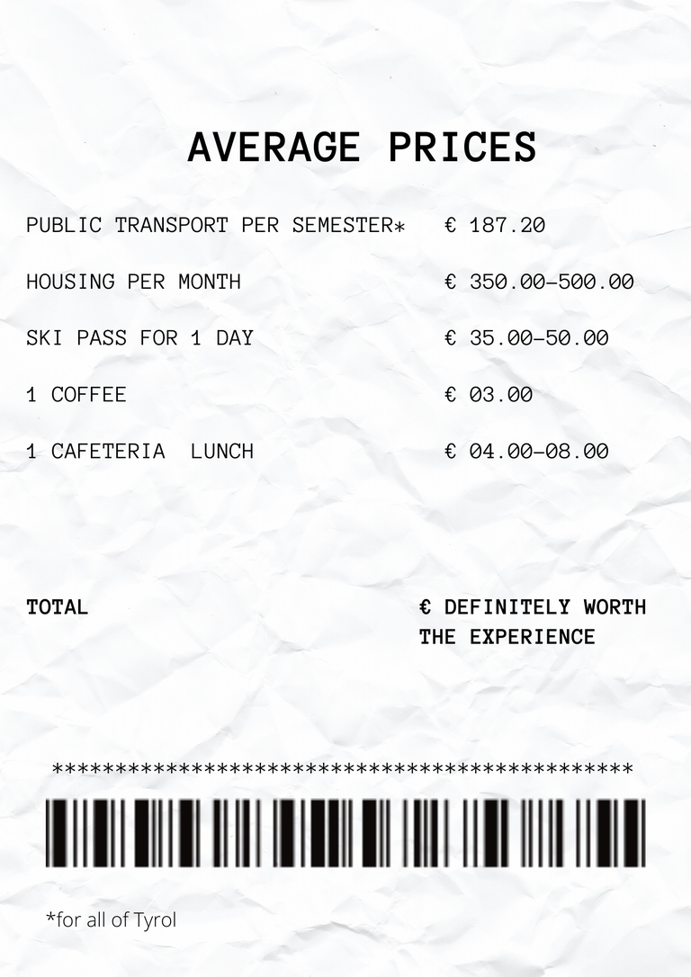 Receipt with typical prices in Innsbruck
