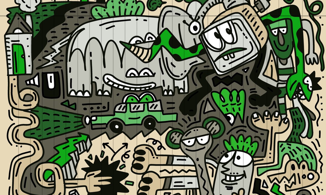 Unterschiedliche abstrakt im Comicstil gezeichnete Figuren, primär in Grün- und Brauntönen