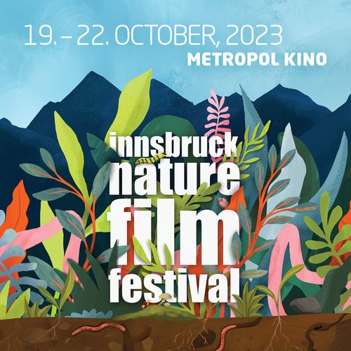 Plakat für INFF 2023, bunte Pflanzen vor Berglandschaft
