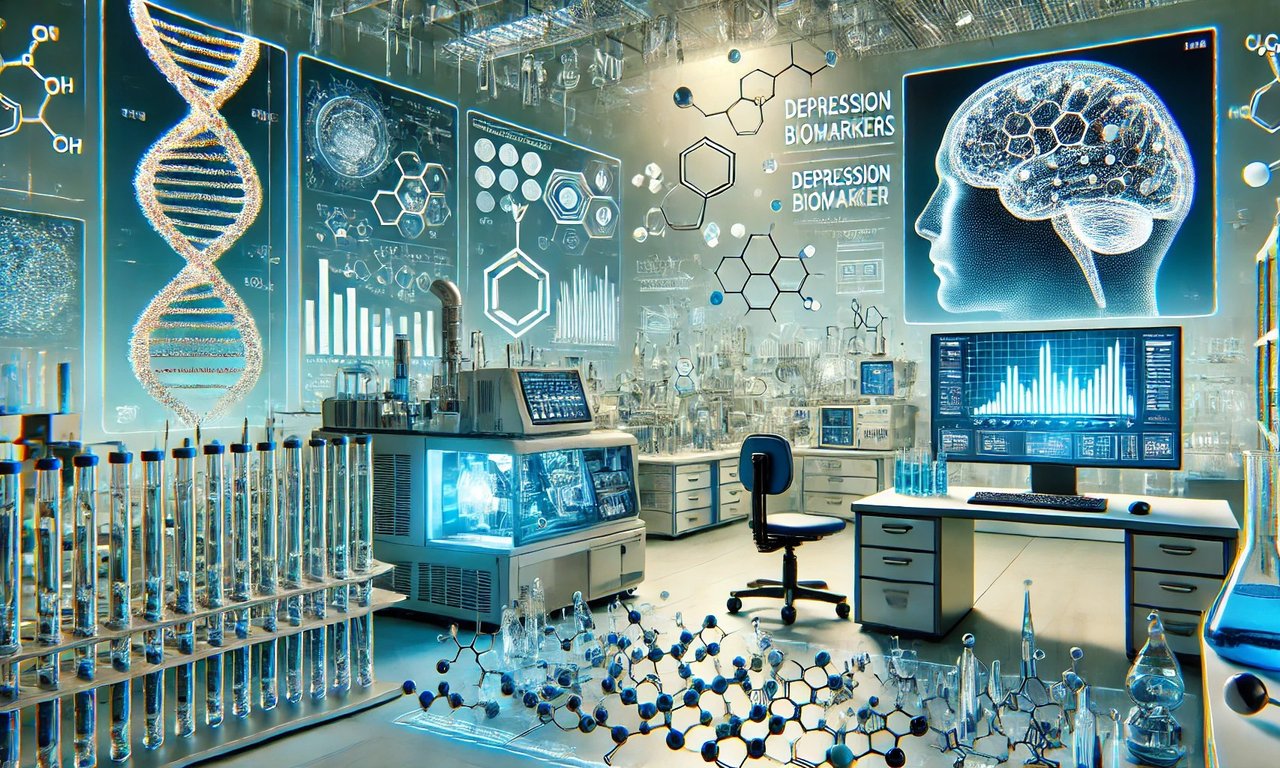 An AI generated picture, displaying molecule-like structures, a DNA strand and a brain on futuristic looking screens.