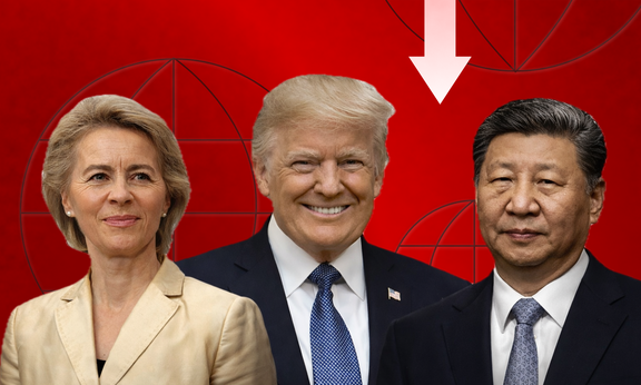 Das Bild zeigt Ursula von der Leyen, Donald Trump und Xi Jinping vor einem roten Hintergrund mit Globus-Umrissen und zwei nach unten gerichteten weißen Pfeilen. Diese Komposition symbolisiert eine krisenhafte Stimmung.