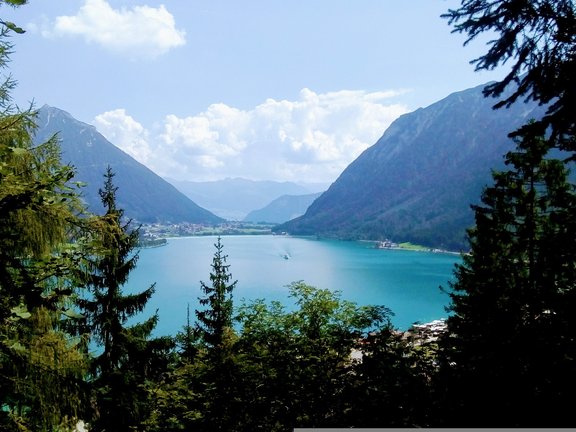 Lake Achensee with cruise boat and mountains