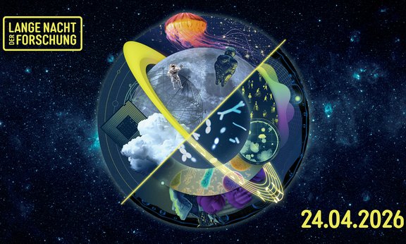 Eine künstlerische Collage aus verschiedenen Forschungsthemen wie Weltraum, Natur und Technik in Form einer Planetenkugel vor einem Sternenhintergrund für die „Lange Nacht der Forschung“ am 24.04.2026.