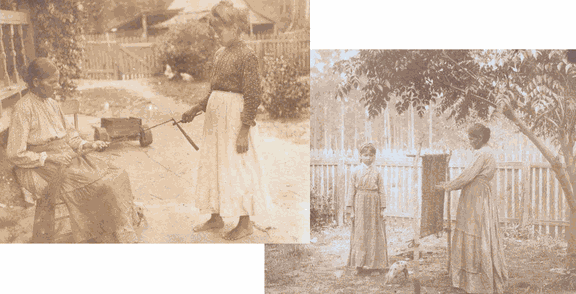 Koasati-Frau und Mädchen beim Spinne