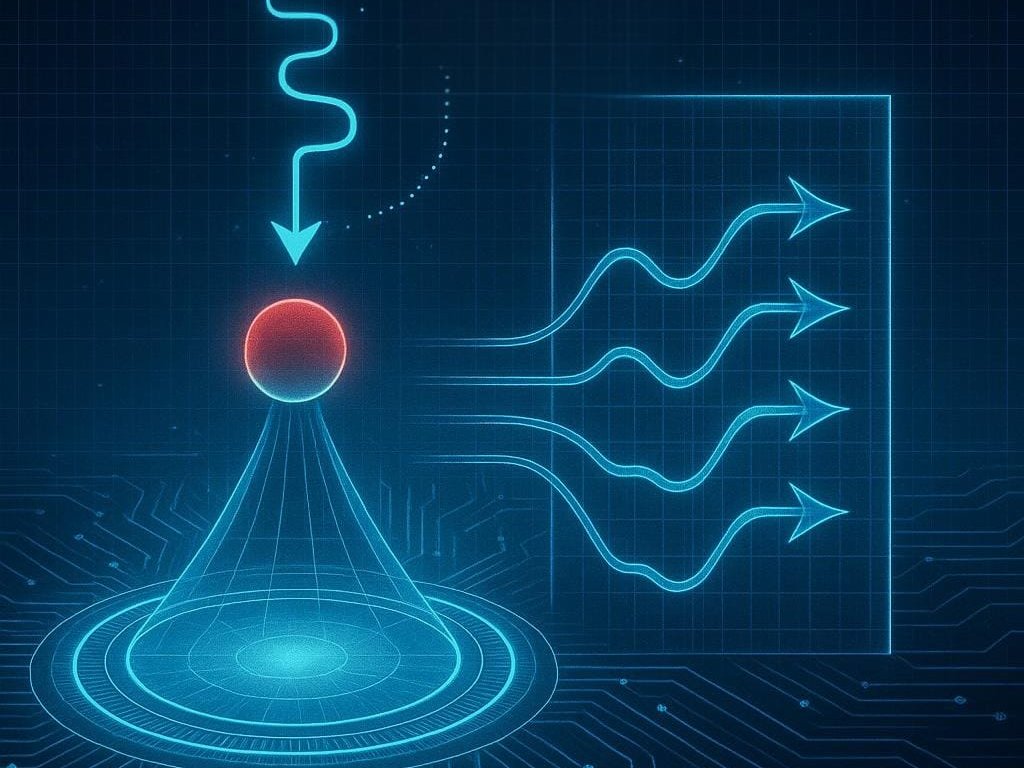 Illustration with a red sphere, which is intersected by a blue wavy line and from which several blue wavy lines and a blue funnel extend.