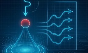 Illustration mit einer roten Kugel, auf die eine blaue Wellenlinie trifft und von der mehrere blaue Wellelinien und ein blauer Trichter wegführen.