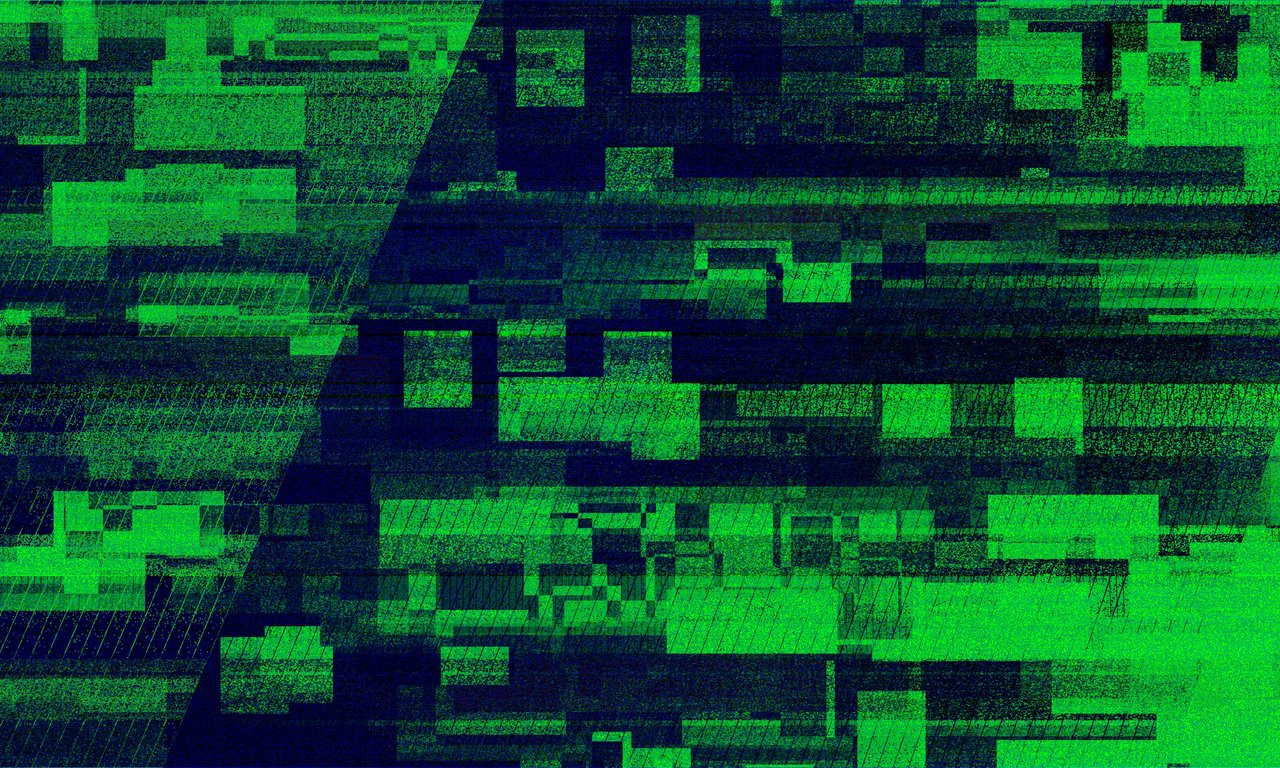 Empfangsstörungen auf einem Bildschirm mit grünen Artefakten, der Bildschirm ist schwarz/grün, es ist kein Bild zu erkennen.