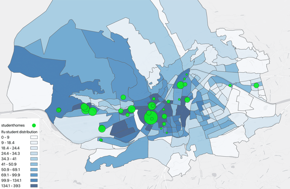 A map displaying the housing distribution of students in Innsbruck. Segments with dark-blue shading are assumed to house a high concentration of students. Green dots highlight the location of student residence complexes.