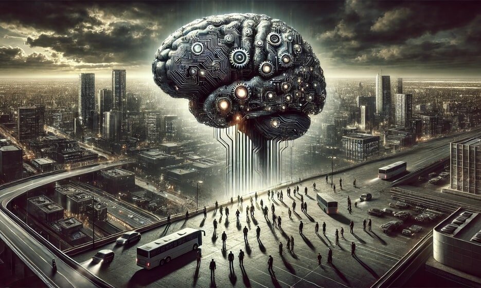 A symbolic picture showing a brain that looks like the inside of a computer, hanging above a gray city. The sky is dark and cloudy, giving the image a gloomy feeling.