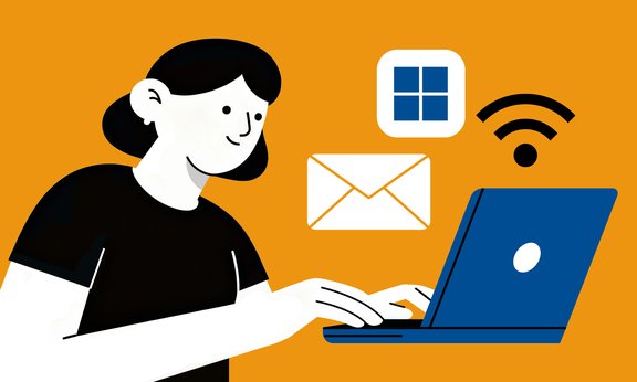 Illustration: Schreibtisch mit Laptop, Kaffee und Arbeitsmaterial von oben