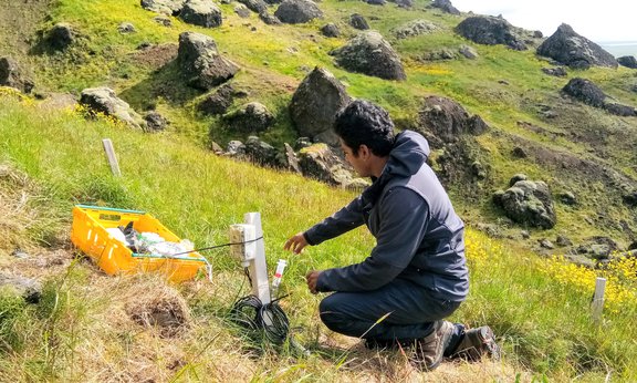 A person kneels in a meadow and holds a measuring device, in the background boulders