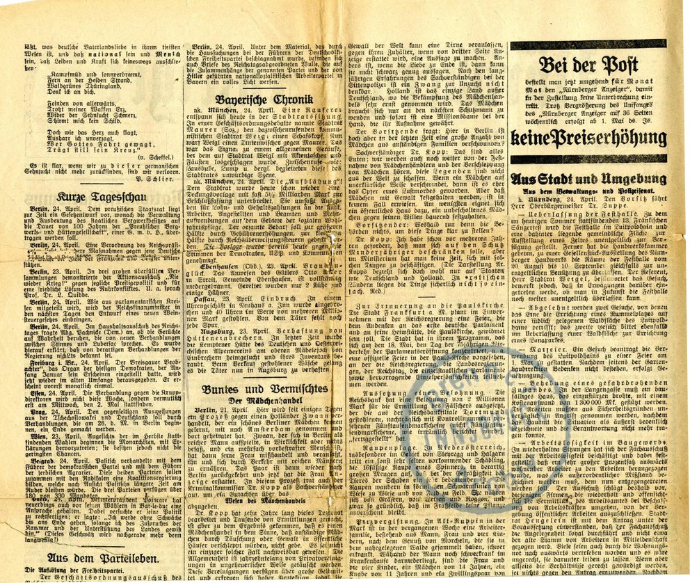 Nürnberger Anzeiger. Nürnberger Morgen-Zeitung. Organ für Vertretung aller freiheitlichen Volks-Interessen. Dienstag, 24. April 1923, 1 (Leitartikel) und Mittwoch, 25. April 1923, 1 und 2 (Fortsetzung).