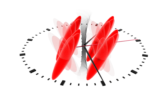 Das schräg liegendes Ziffernblatt mit einem Wirbel in der Mittel, auf dem Ziffernblatt mehrere rote Ellipsen.