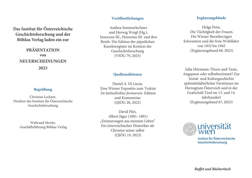 Folder Einladung zur Bücherpräsentation des Institus für Österreichische Geschitchtsforschung am 20. November 2023 in Wien_Bücher_Autoren