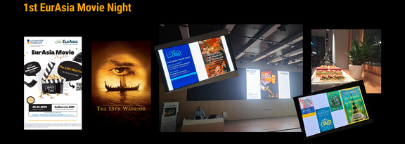 Collage mit Fotos der 1. Movie Night: Clemens Steinwender am Pult bei der Einführung, div. Buchcover, Filmposter, belegte Brötchen beim Buffet in der Uni-Lounge