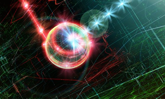 A sphere is crossed by red and blue lines