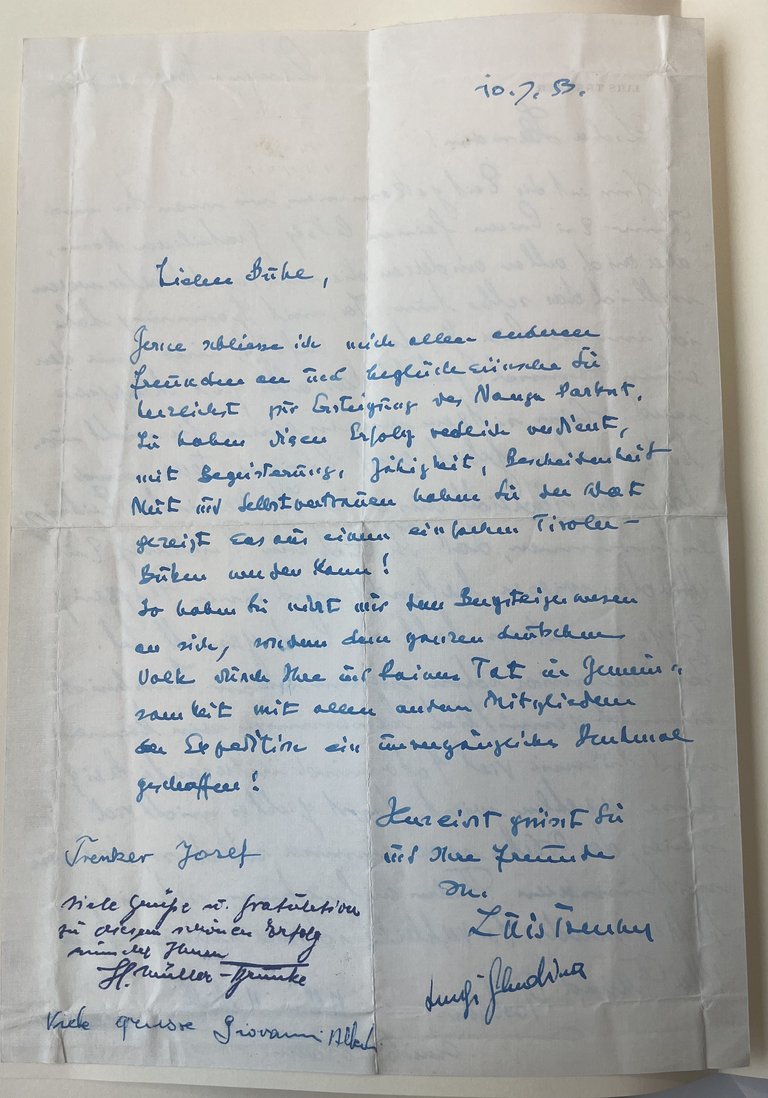 Glückwunschschreiben von Luis Trenker (1892-1990), datiert mit 10. Juli 1953