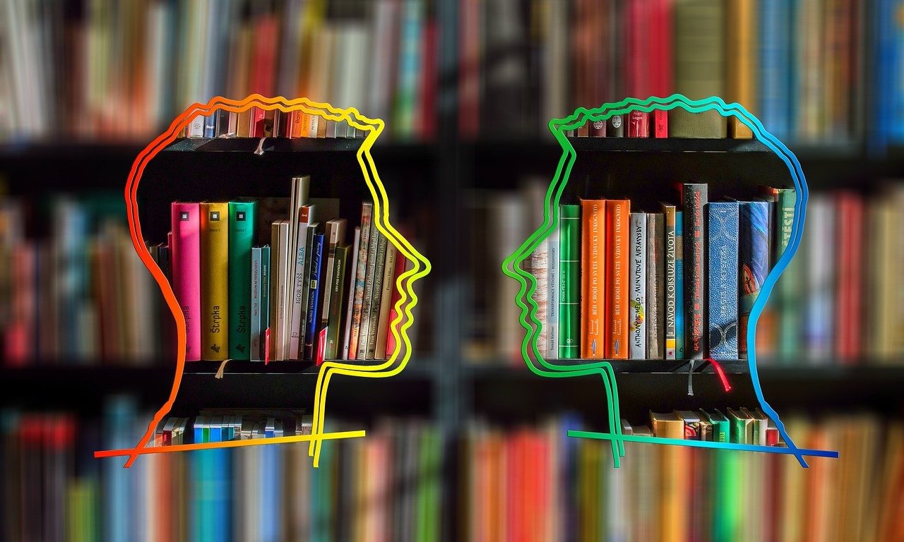 zwei Silhouetten von Köpfen vor einem Bücherregal