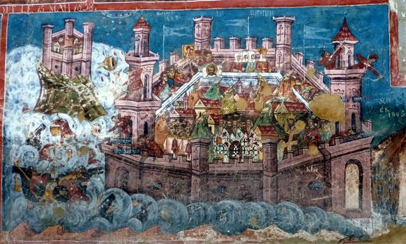 Eine spätere Darstellung im Kloster Moldovița in Rumänien von der Belagerung Konstantinopels 626 n. Chr. Die Stadt wurde von Awaren, Slawen und Sasaniden belagert, konnte aber standhalten.