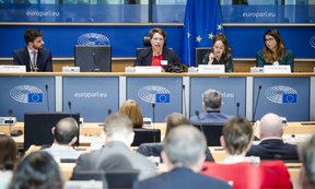 Im Vordergrund sieht man das Publikum von hinten, im Hintergrund das Podium mit den Expertinnen.