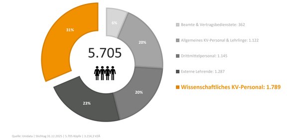 Grafische Darstellung aller Mitarbeiter:innen der Universität (Köpfe) unterteilt in Mitarbeitergruppen, in einem Kreisdiagramm