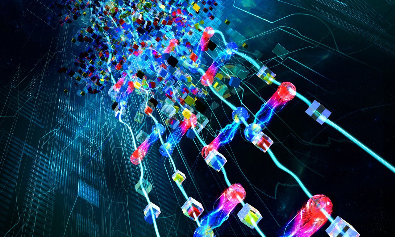 Illustration featuring parallel lines with colored dots on them