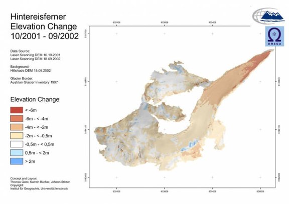 The surface elevation change on HEF derived from airborne LIDAR surveys. Image courtesy of T. Geist