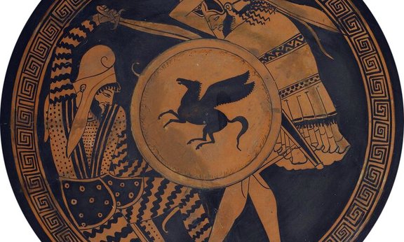 Runde Zeichnung eines Duells zwischen einem persischen und einem griechischen Krieger.