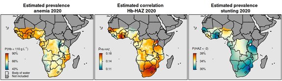 Grafik aus der Publikation, die drei unterschiedlich gefärbte Landkarten Afrikas mit den besonders betroffenen Regionen zeigt.