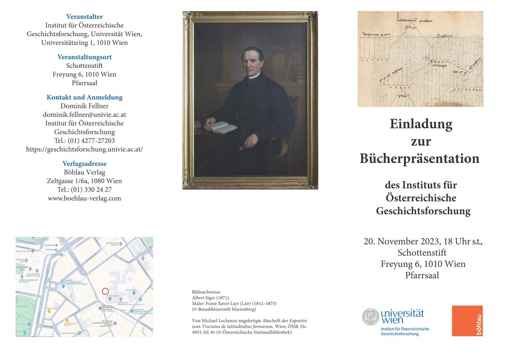 Folder Einladung zur Bücherpräsentation des Institus für Österreichische Geschichtsforschung am 20. November 2023 in Wien