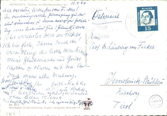 Bild: Ansichtskarte an Ludwig von Ficker, München, 12.4.1964. Forschungsinstitut Brenner-Archiv, Nachlass Ludwig von Ficker, Sign. 041-023-008-003