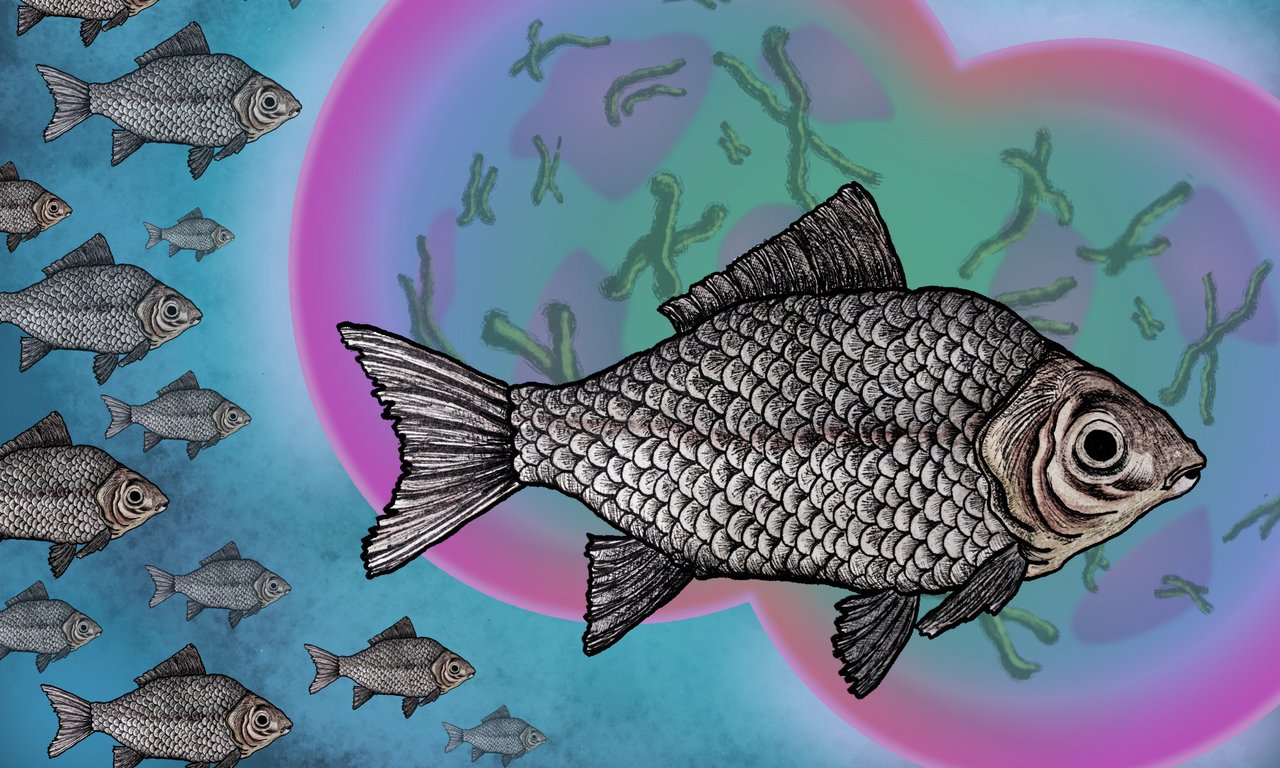 Illustration of a Prussian Carp with dividing cells in the background