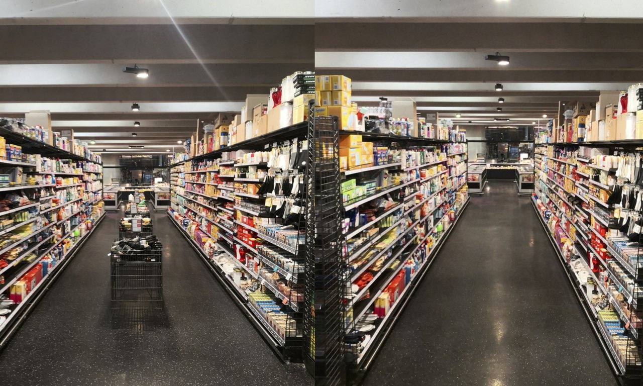 Zweit Foto von einem Supermarkgang, links mit Wareninseln zwischen den Regalen, rechts ohne.