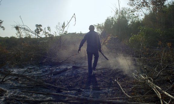 Person mit Machete läuft durch verbrannten Wald