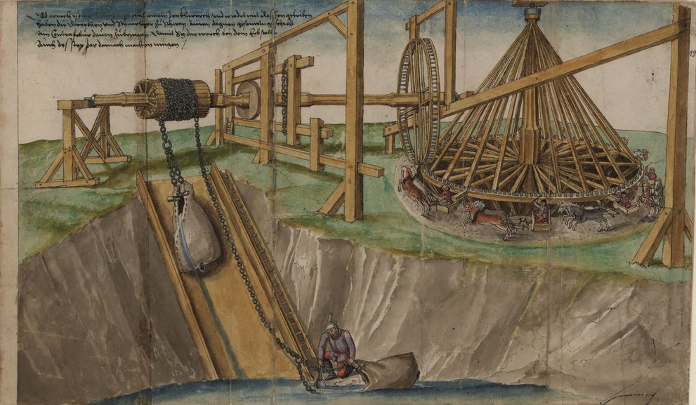Abbildung einer Pferdegöpel in Kuttenberg (Kutná Hora/Tschechien) aus dem Schwazer Bergbuch 1556 als technisches Vorbild für die Schwazer Wasserkunst