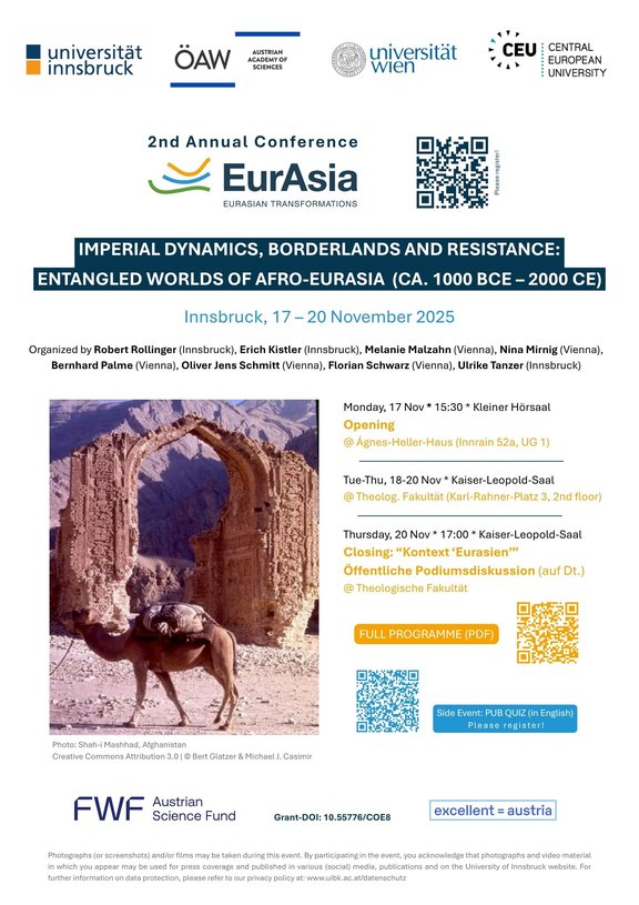 Eventposter mit Titel, Sujetbild (bepacktes Dromedar vor eine Ruine in afghanischer Wüste), Programm-Highlights und Links (Registrierung, Programm, Pubquiz)