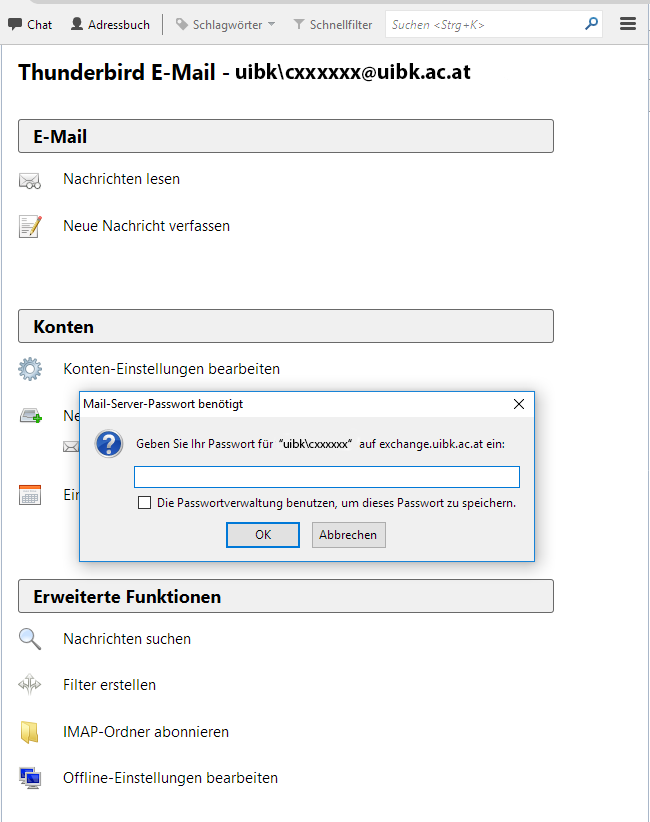 Passworteingabe für den Posteingang