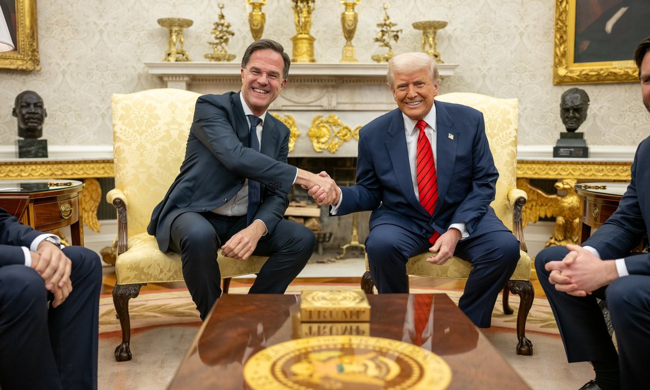 Mark Rutte und Donald Trump beim Händeschütteln im Weißen Haus, 13.03.2025