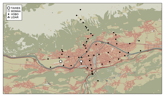 Map of Innsbruck and the surroundings showing measurement stations that will be used during the project. Map data from OpenStreetMap contributors.