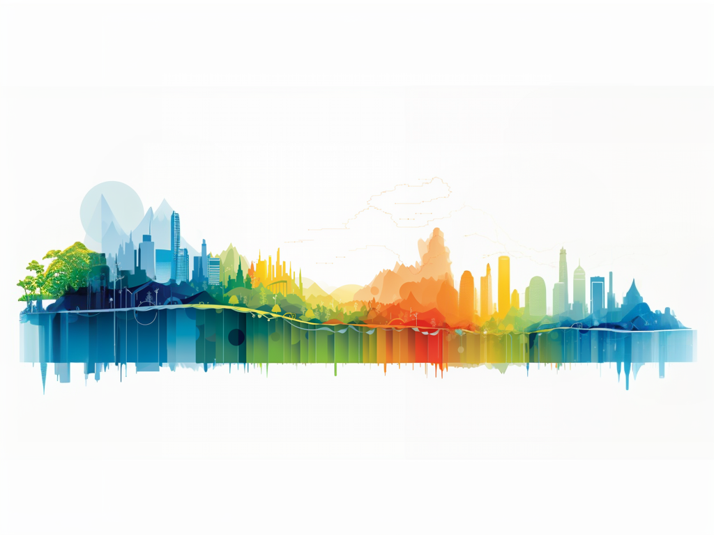 Illustration of urban and rural landscapes in blue, green and orange