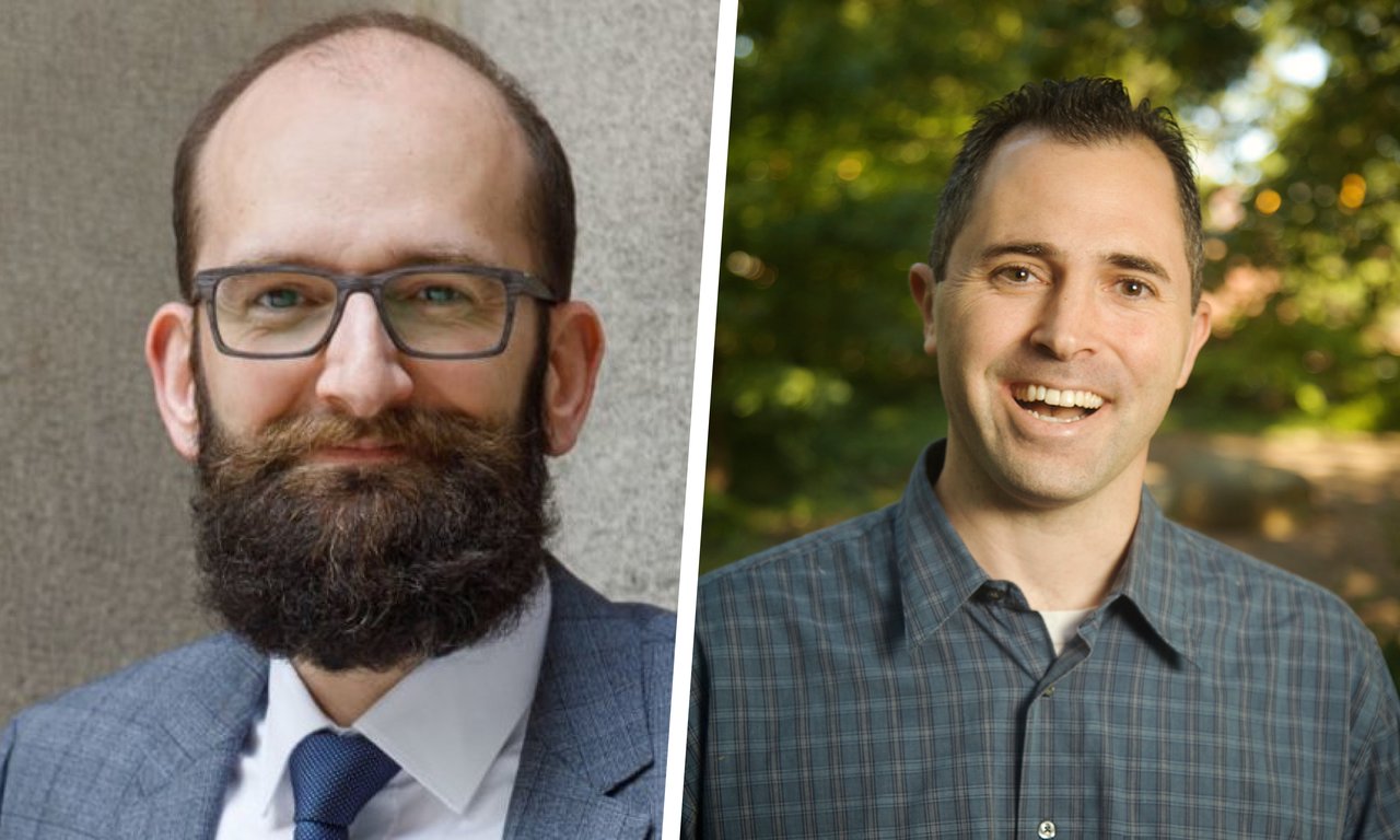 Links im Bild: Lars Kaczmirek Leiter von AUSSDA. Rechts im Bild: Brian Nosek – Professor für Psychologie an der University of Virginia sowie Mitgründer und Geschäftsführer des „Center of Open Science“.