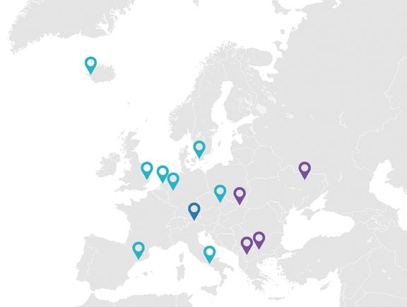 Landkarte von Europa mit allen AURORA-Partneruniversitäten