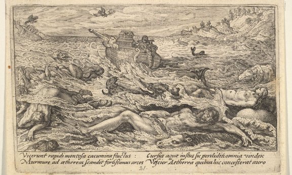 Crispijn de Passe the Elder | The Flood destroys life on earth: corpses of humans and animals adrift in the foreground, Noah's ark beyond and a flying dove holding a branch above, from "Liber Genesis"