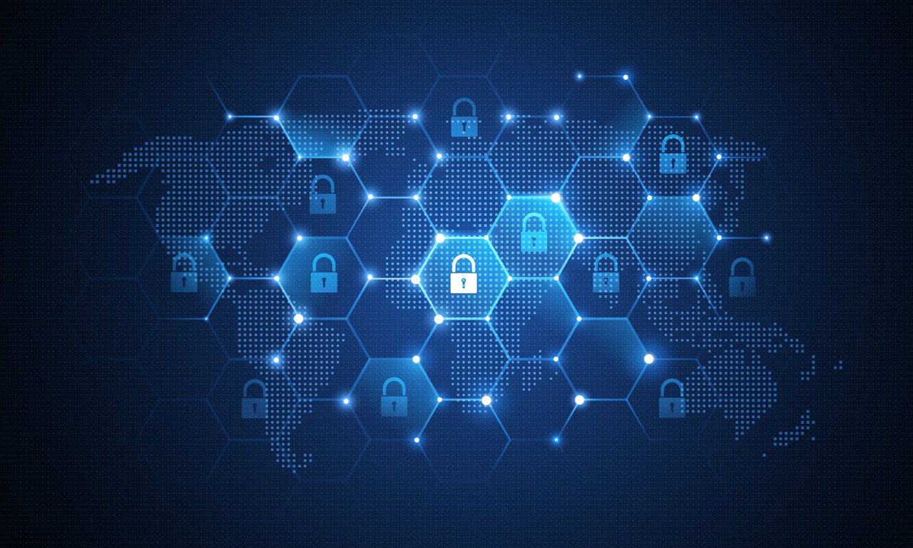 blau, schwarze Weltkarte mit Schlössern drauf zur Veranschaulichung von Cyber Security