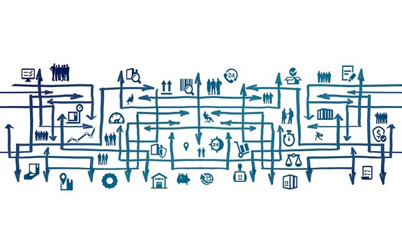 Ein Labyrinth aus Pfeilen und Symbolen